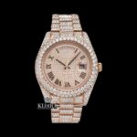 Rose Gold Dial Roman Numerals Fully Iced Out Moissanite Diamond Watch