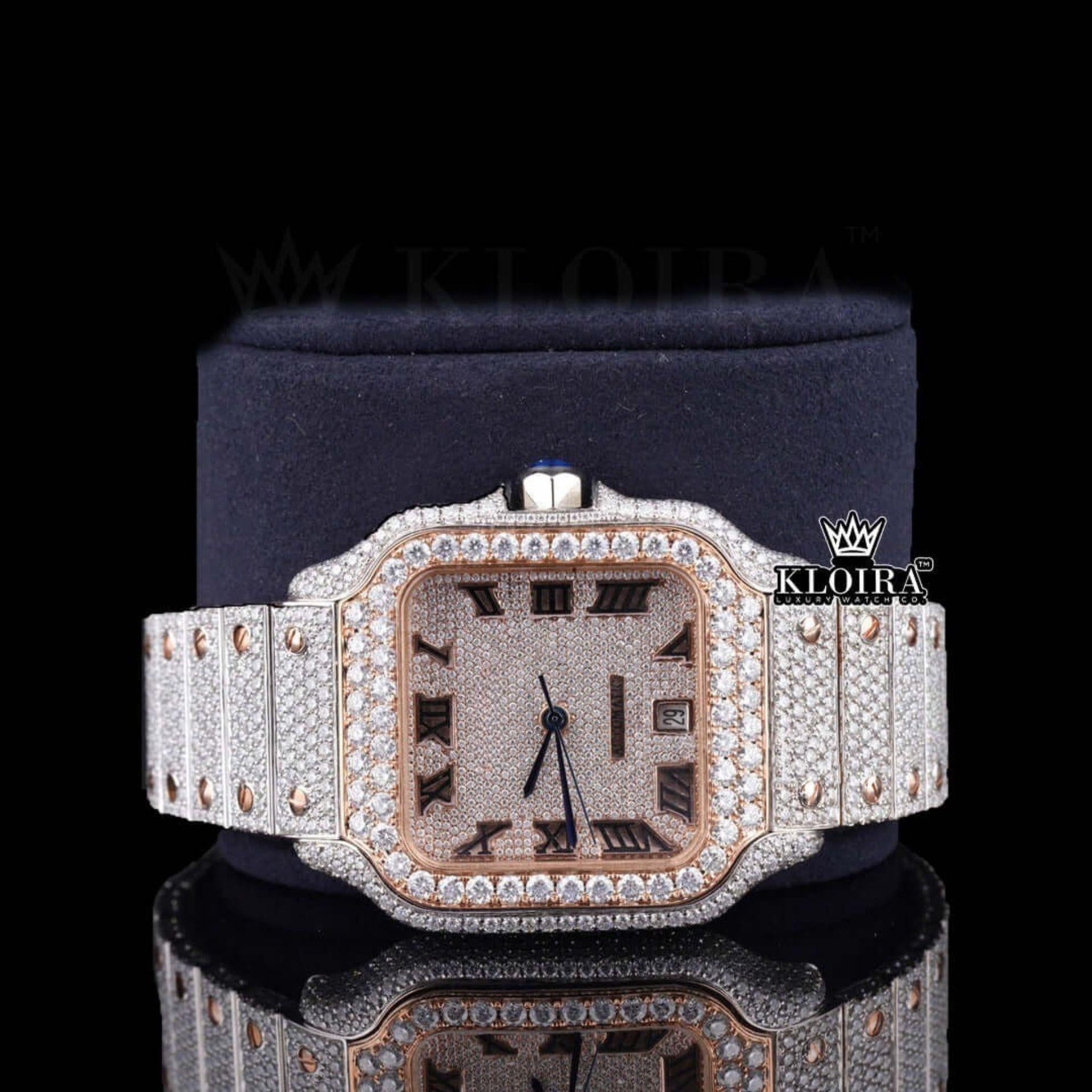 Rose Gold Dial Roman Numerals Iced Out Moissanite Diamond Watch Front View