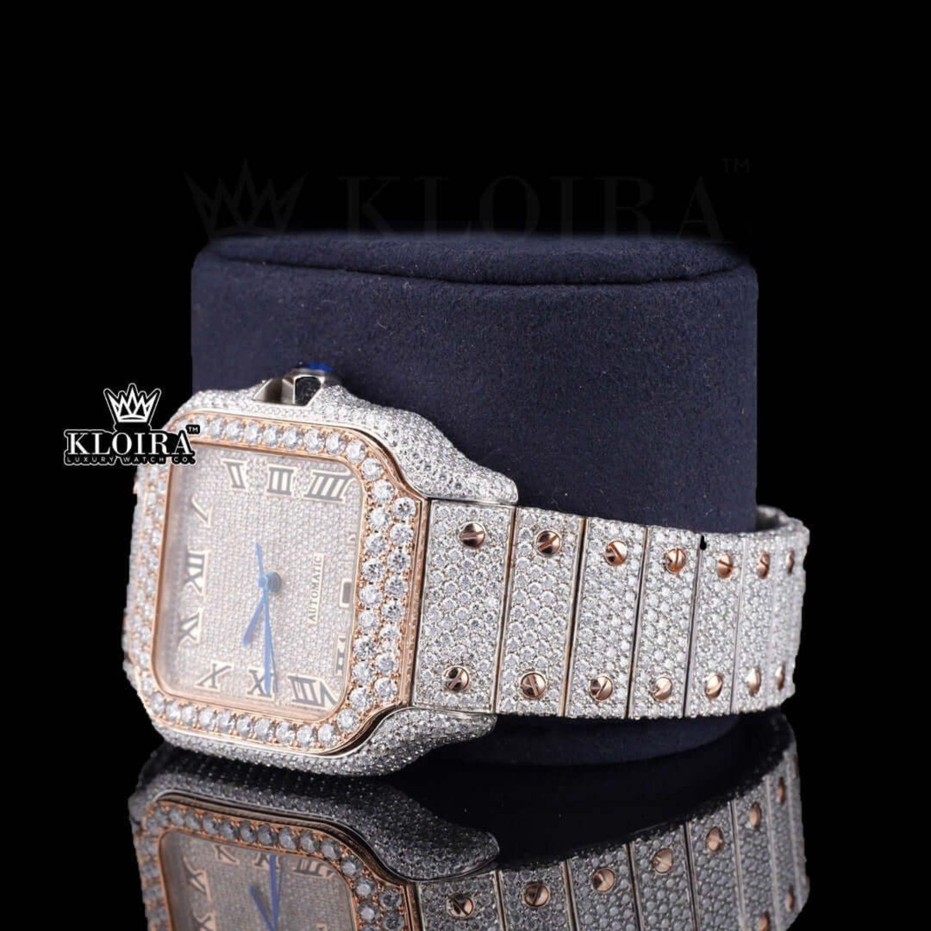 Rose Gold Dial Roman Numerals Iced Out Moissanite Diamond Watch Left Profile View