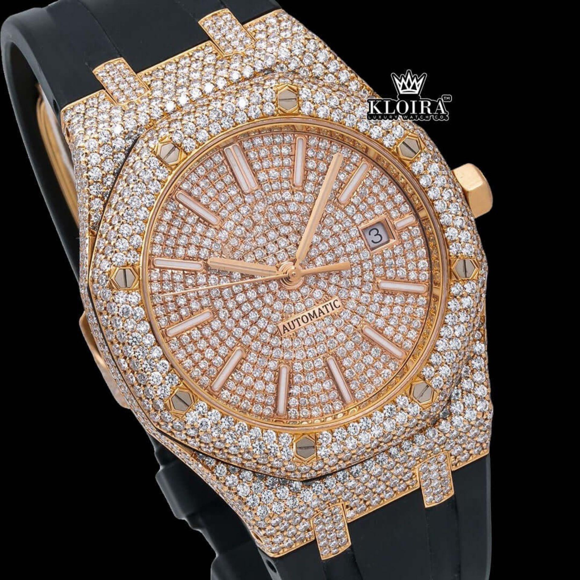 Rose Gold Dial Stick Markers Rubber Strap Fully Iced Out Moissanite Watch Close Up Dial View