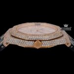 Rose Gold Dial Stick Markers Rubber Strap Fully Iced Out Moissanite Watch Crown View