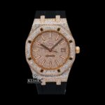 Rose Gold Dial Stick Markers Rubber Strap Fully Iced Out Moissanite Watch
