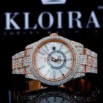 Rose Gold Dual Time White Dial Stick Markers Fully Iced Out Moissanite Watch