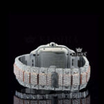 Rose Gold Roman Dial Two Tone Block Link Strap Moissanite Watch Caseback Close Up View