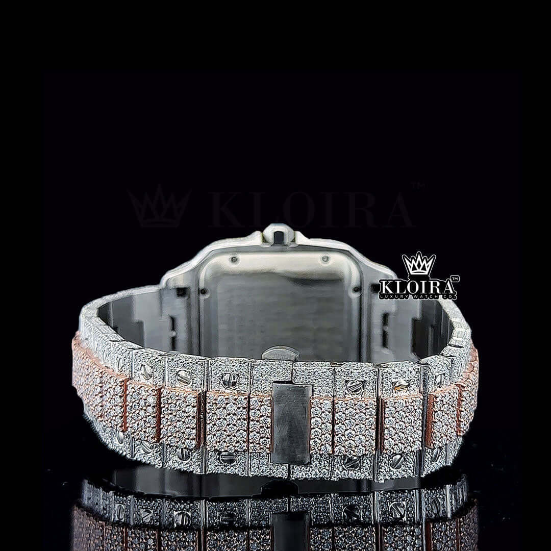 Rose Gold Roman Dial Two Tone Block Link Strap Moissanite Watch Caseback Close Up View