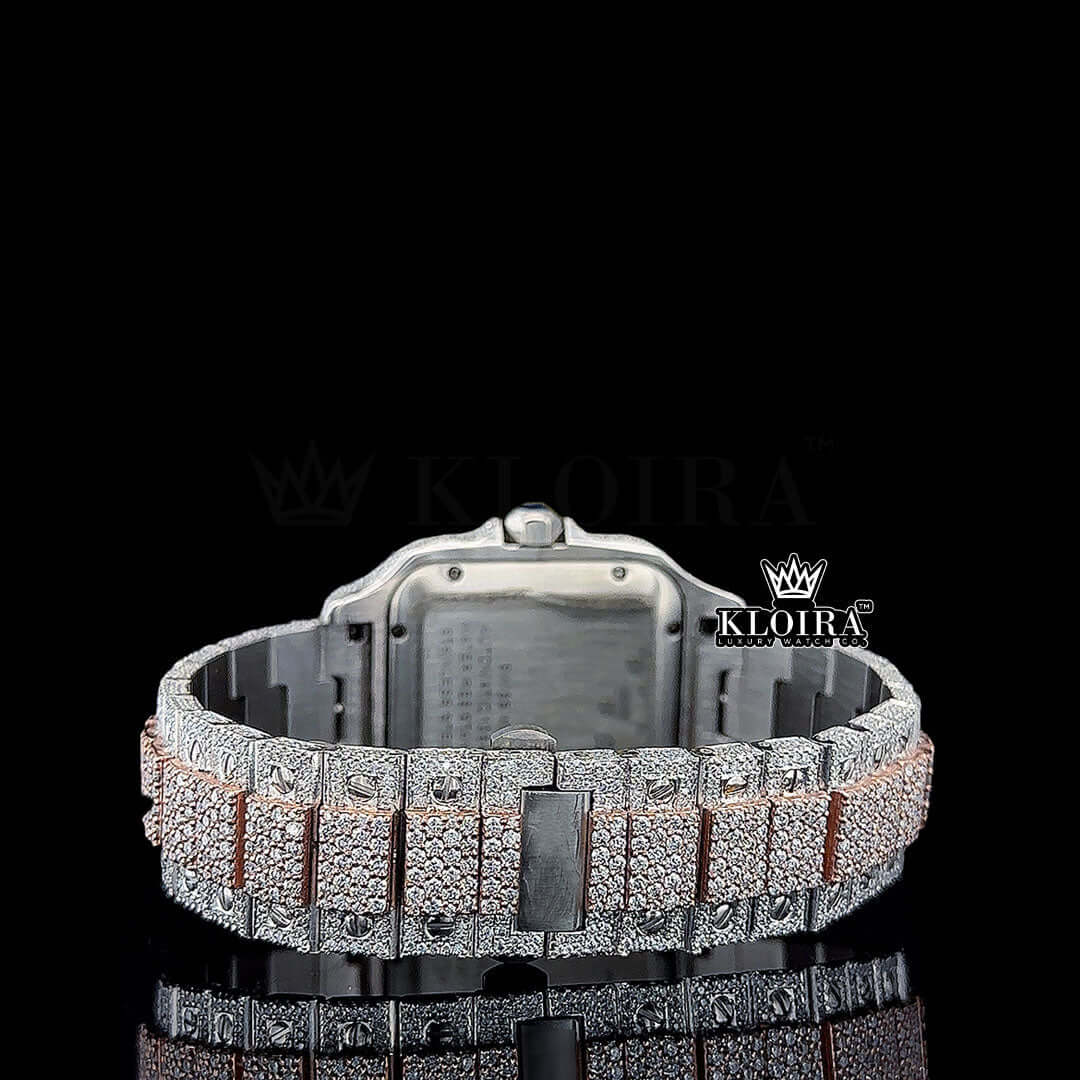 Rose Gold Roman Dial Two Tone Block Link Strap Moissanite Watch Caseback View