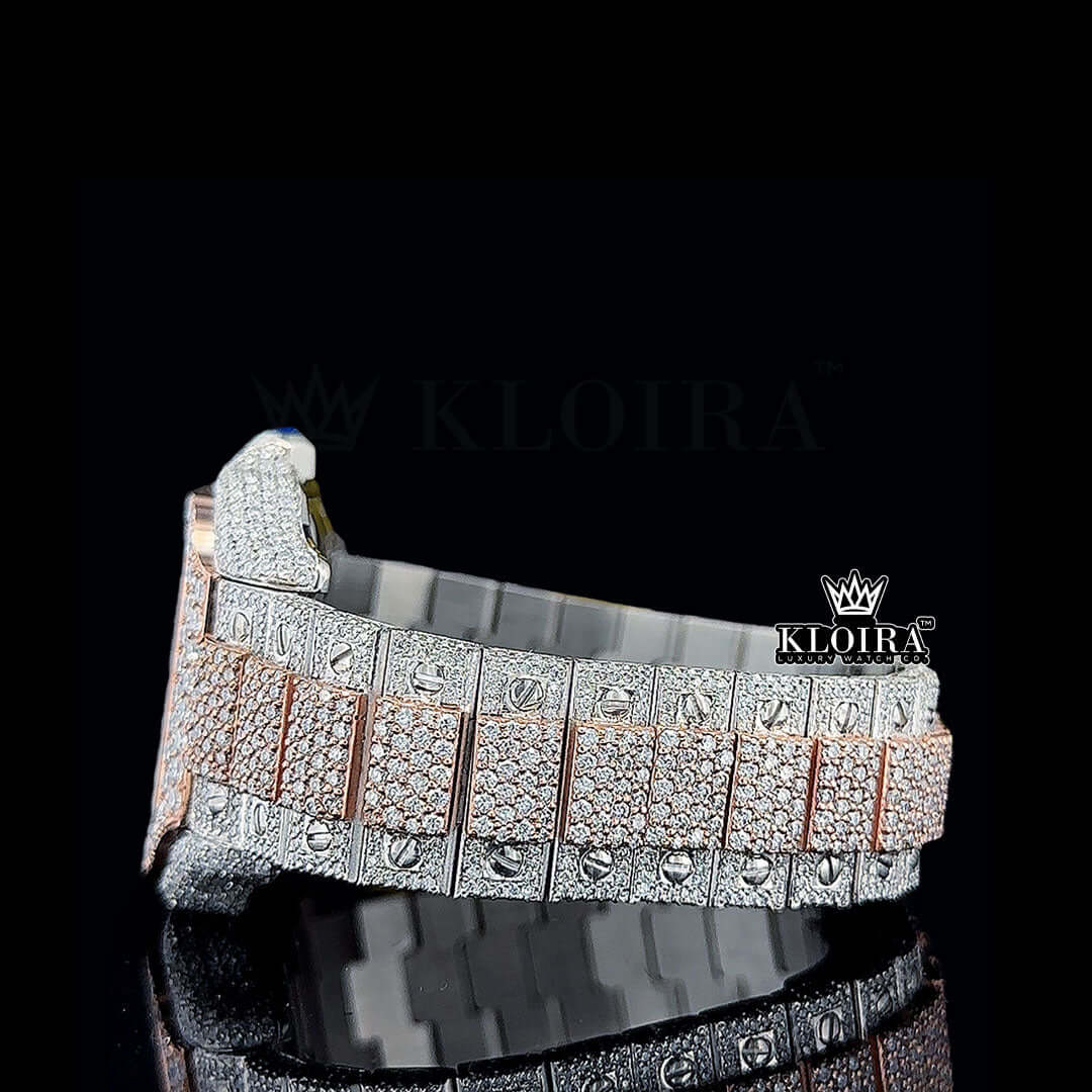 Rose Gold Roman Dial Two Tone Block Link Strap Moissanite Watch Left Side Bracelet View