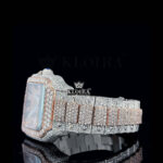 Rose Gold Roman Dial Two Tone Block Link Strap Moissanite Watch Left Side View