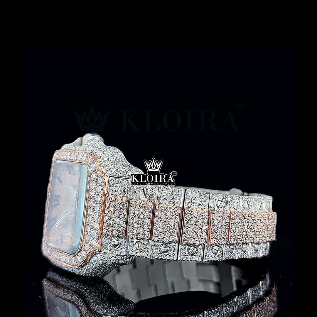 Rose Gold Roman Dial Two Tone Block Link Strap Moissanite Watch Left Side View