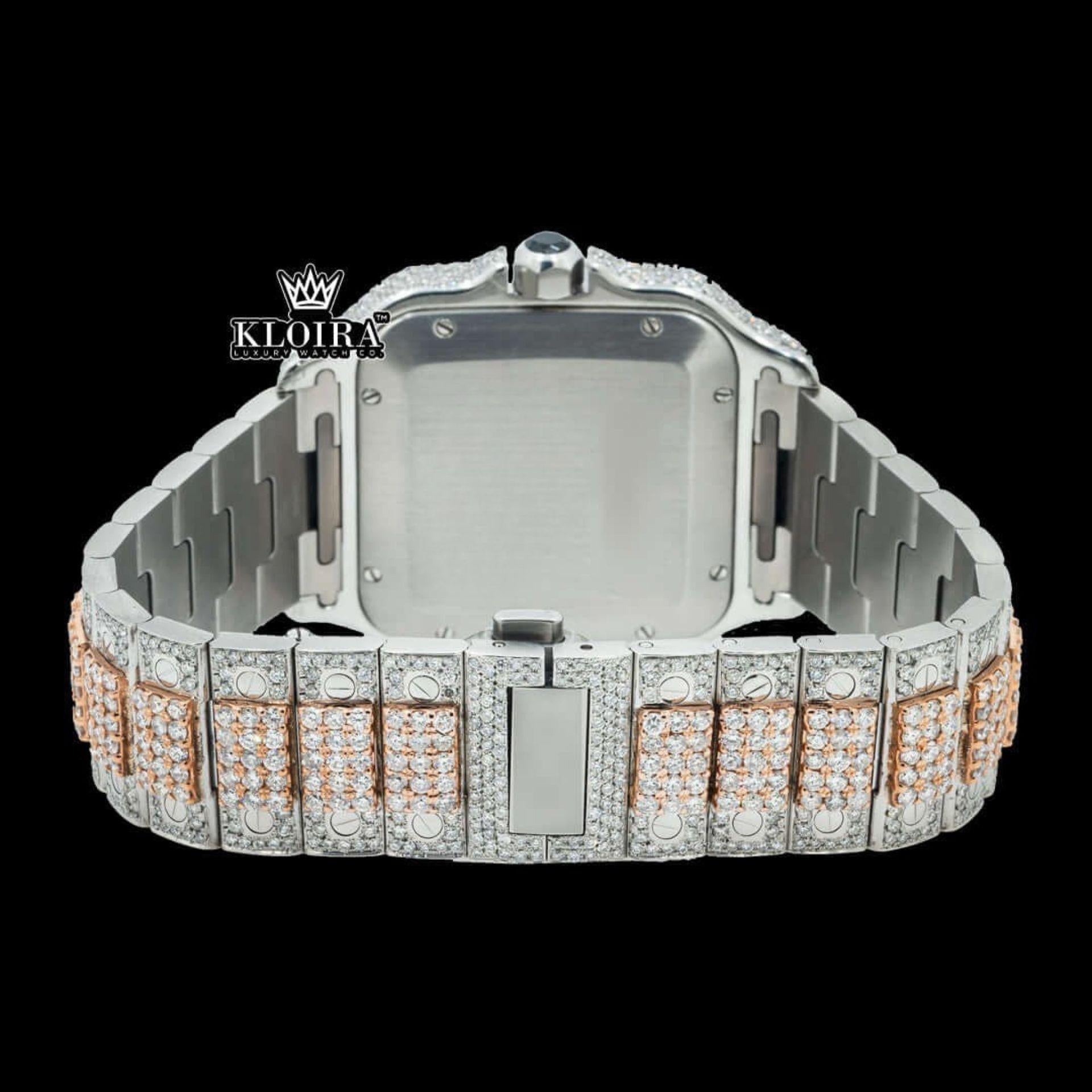 Rose Gold Roman Dial Two Tone Diamond Block Link Strap Moissanite Watch Caseback View
