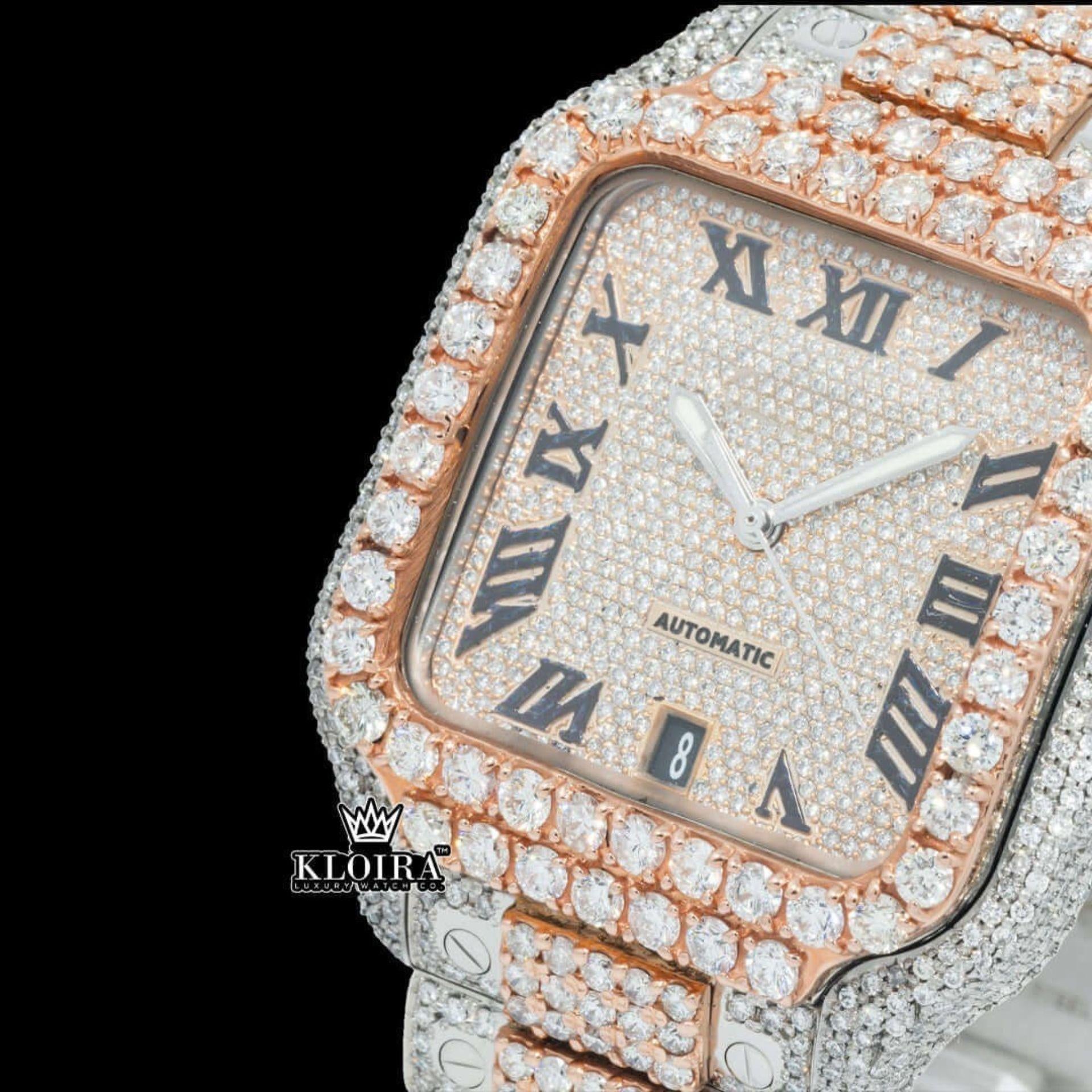 Rose Gold Roman Dial Two Tone Diamond Block Link Strap Moissanite Watch Close Up Dial View