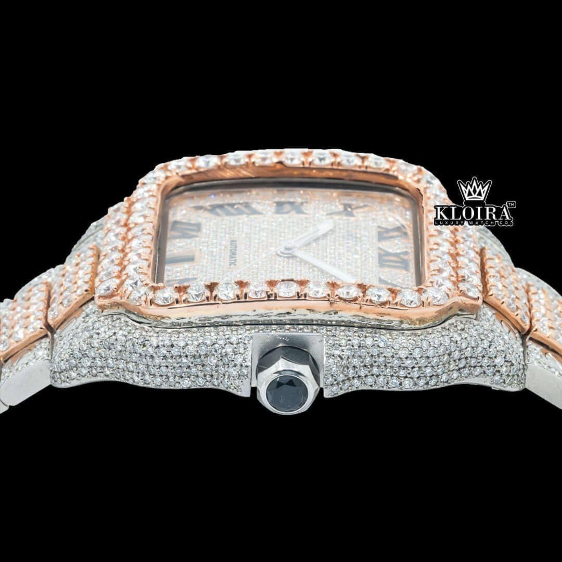 Rose Gold Roman Dial Two Tone Diamond Block Link Strap Moissanite Watch Crown View