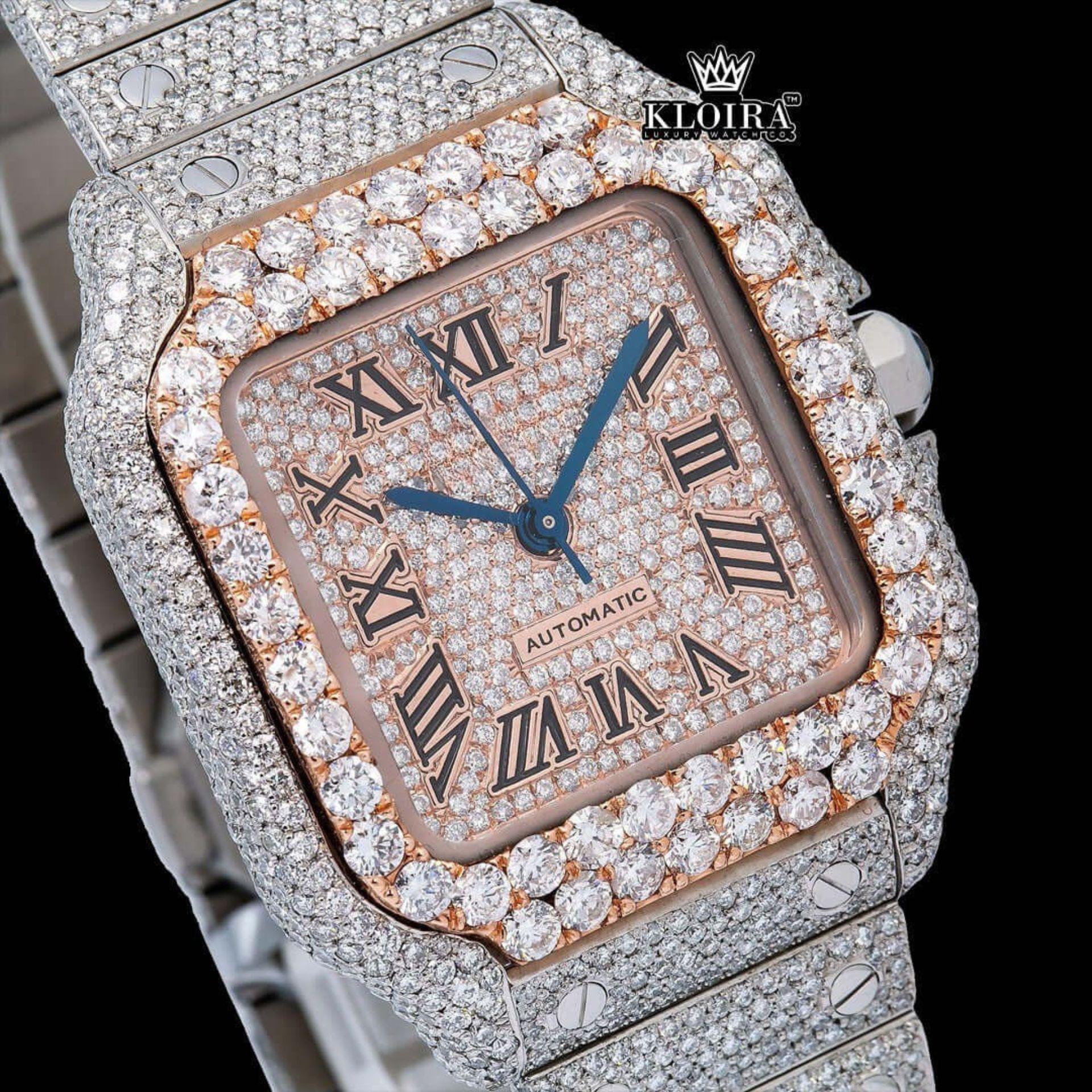 Rose Gold Roman Dial Two Tone Iced Out Lab grown Diamond Watch Close Up Dial View