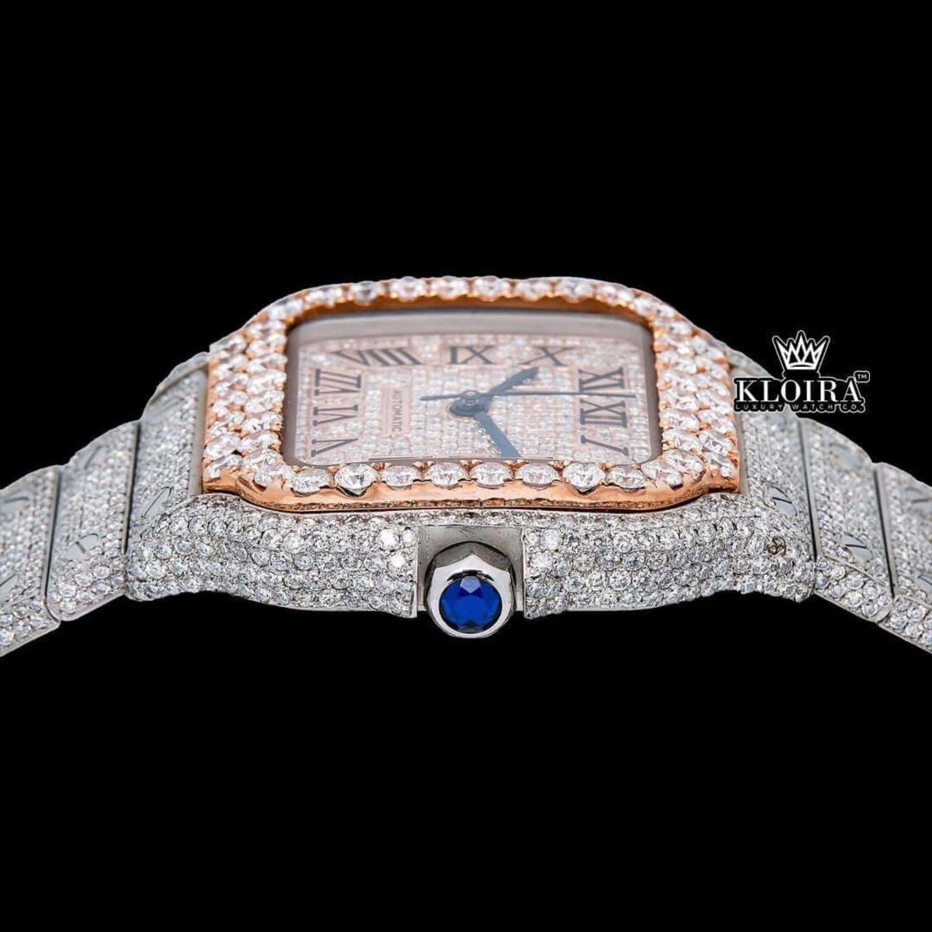 Rose Gold Roman Dial Two Tone Iced Out Lab grown Diamond Watch Crown View