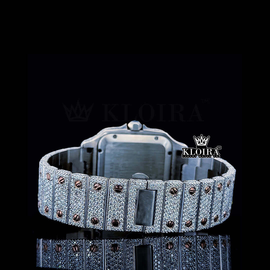 Rose Gold Roman Dial Two Tone Iced Out Moissanite Diamond Watch Caseback View