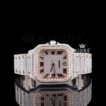 Rose Gold Roman Numerals Fully Iced Out Moissanite Diamond Watch Close Up Front View