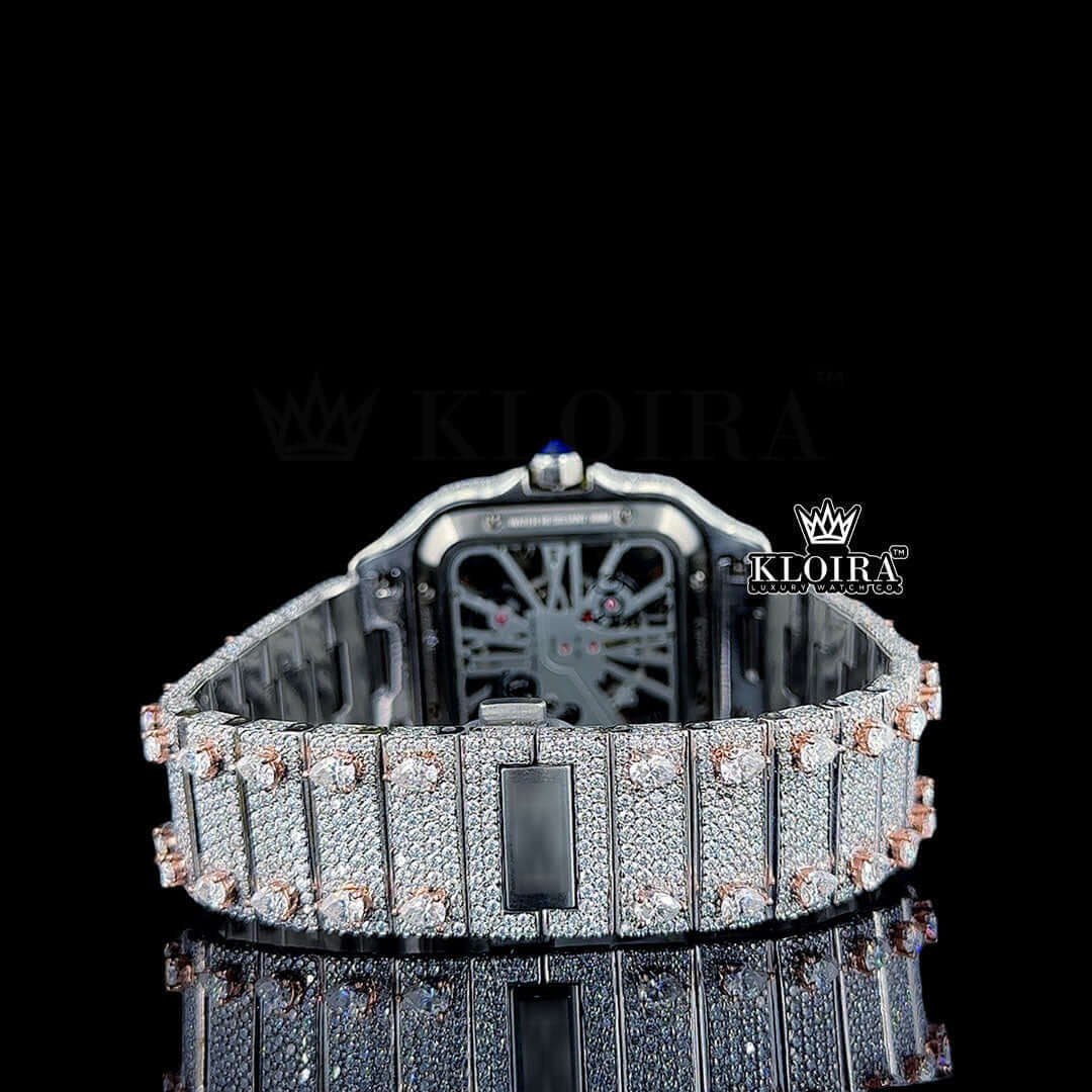 Rose Gold Skeleton Dial Two Tone Diamond Bar Strap Moissanite Watch Caseback View