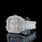 Rose Gold Skeleton Dial Two Tone Diamond Bar Strap Moissanite Watch Close Up Front View