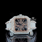 Rose Gold Skeleton Dial Two Tone Diamond Bar Strap Moissanite Watch