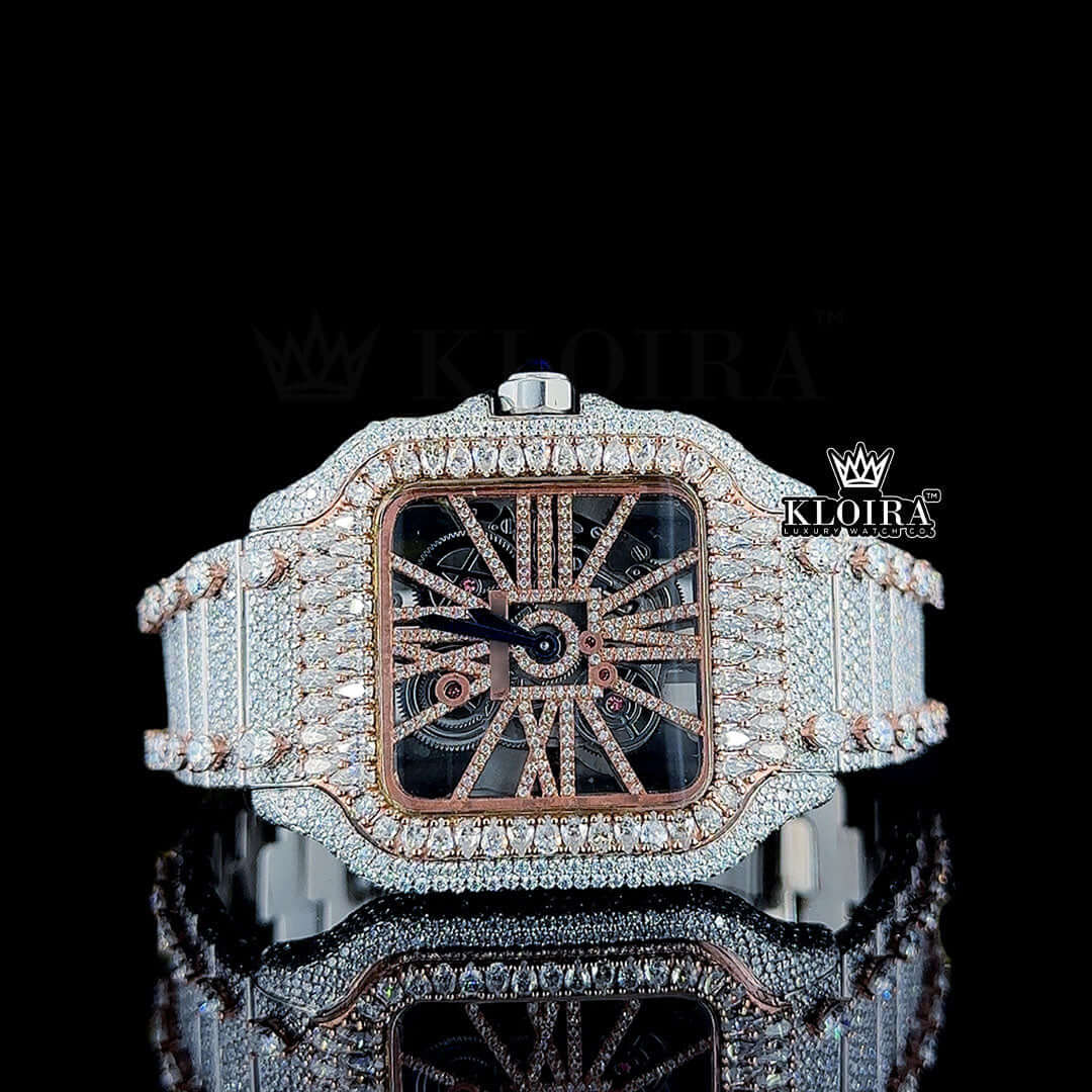 Rose Gold Skeleton Dial Two Tone Diamond Bar Strap Moissanite Watch Front View