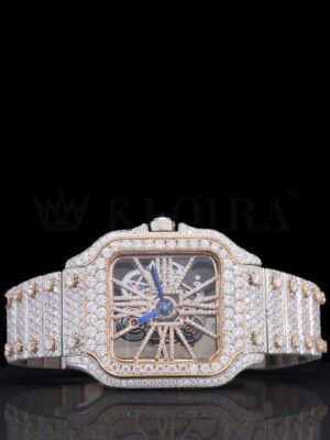 Rose Gold Skeleton Dial Two Tone Iced Out Natural Diamond Watch