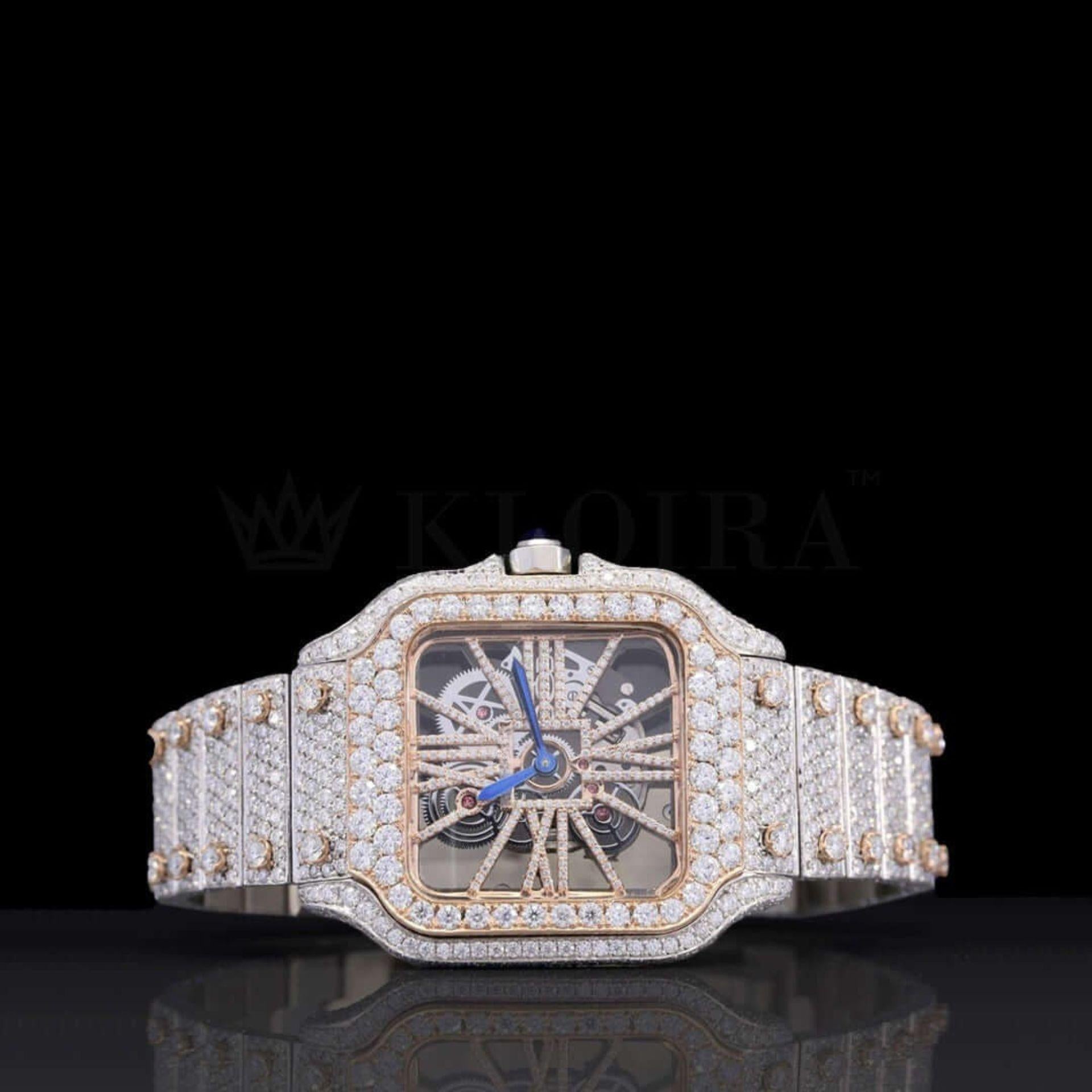 Rose Gold Skeleton Dial Two Tone Iced Out Natural Diamond Watch Front View
