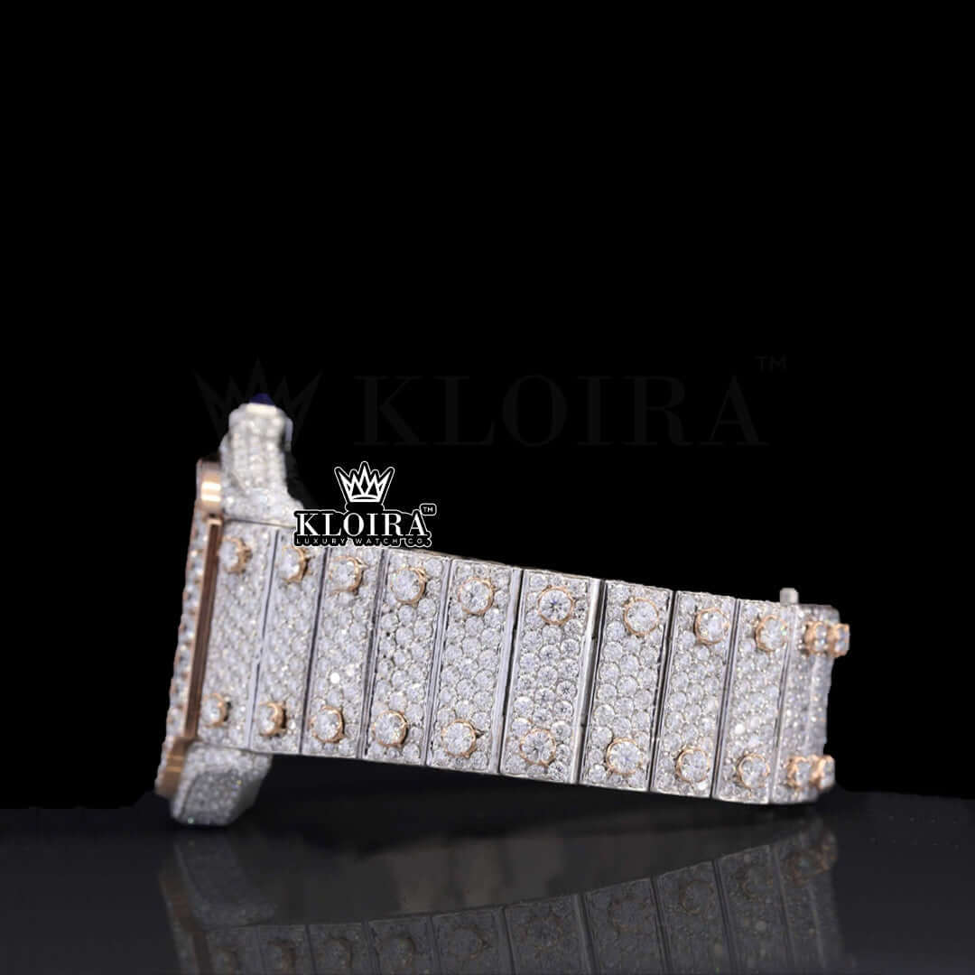 Rose Gold Skeleton Dial Two Tone Moissanite Diamond Watch Left Side View