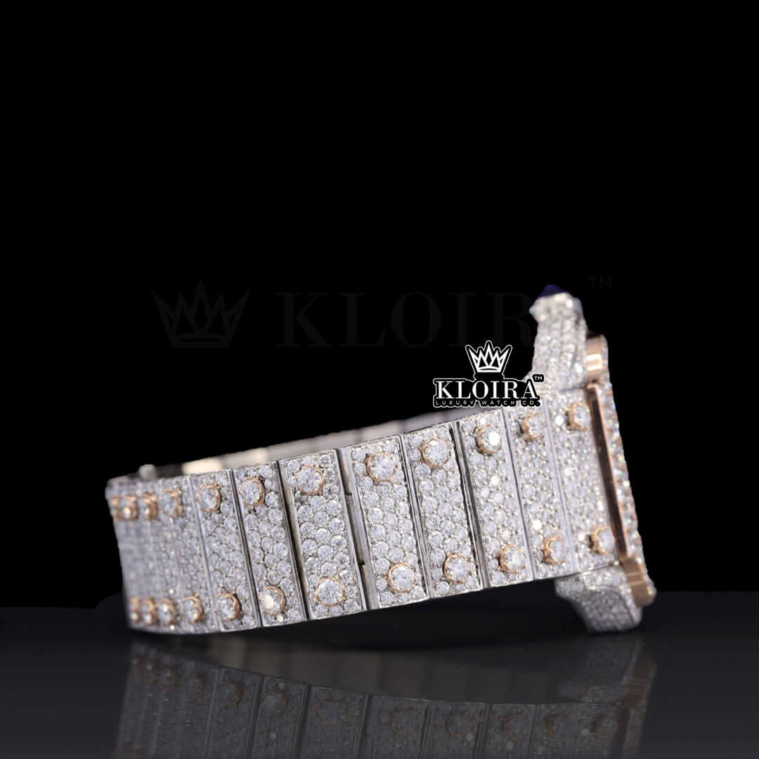 Rose Gold Skeleton Dial Two Tone Moissanite Diamond Watch Right Side View