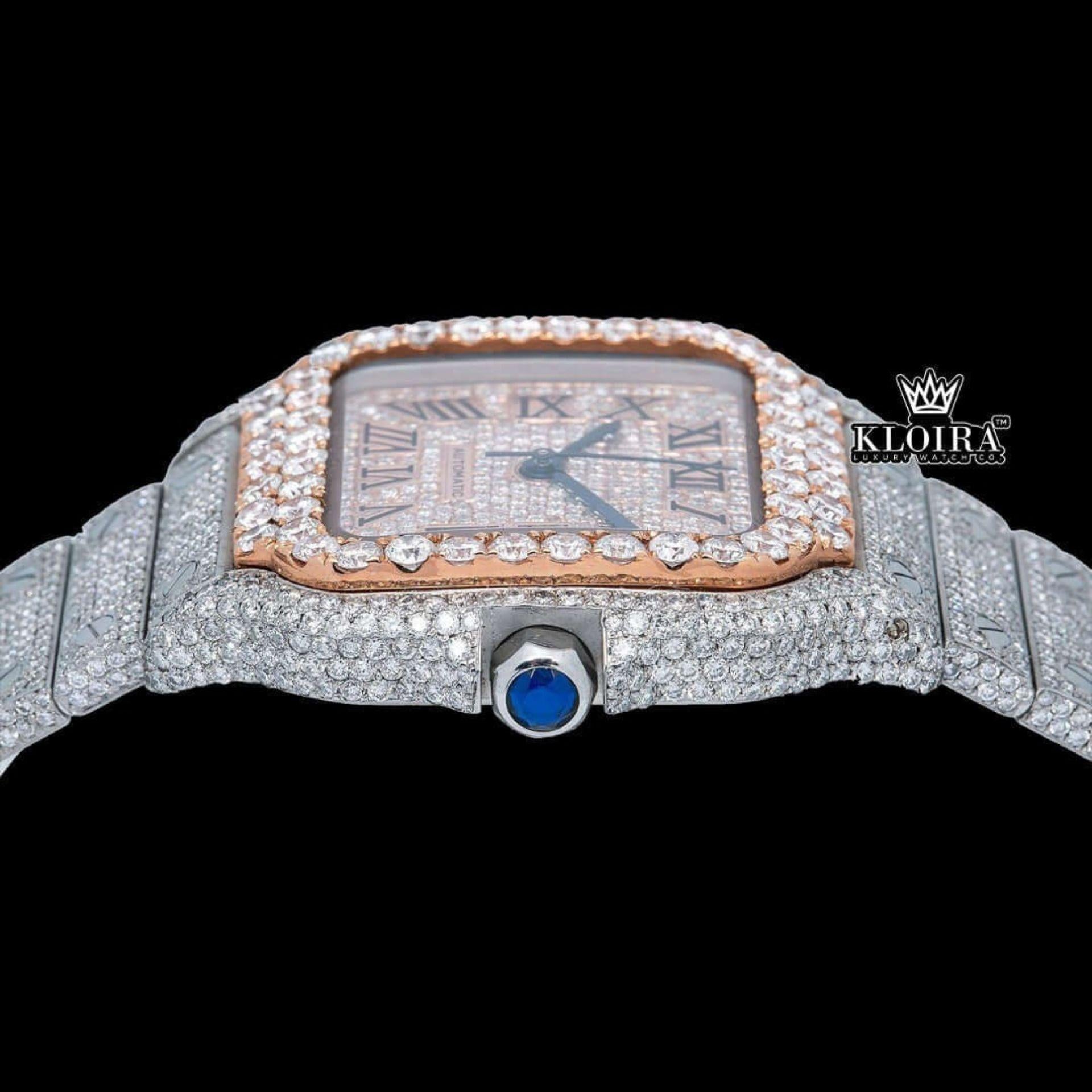 Rose Gold Square Roman Dial Two Tone Moissanite Watch Crown View