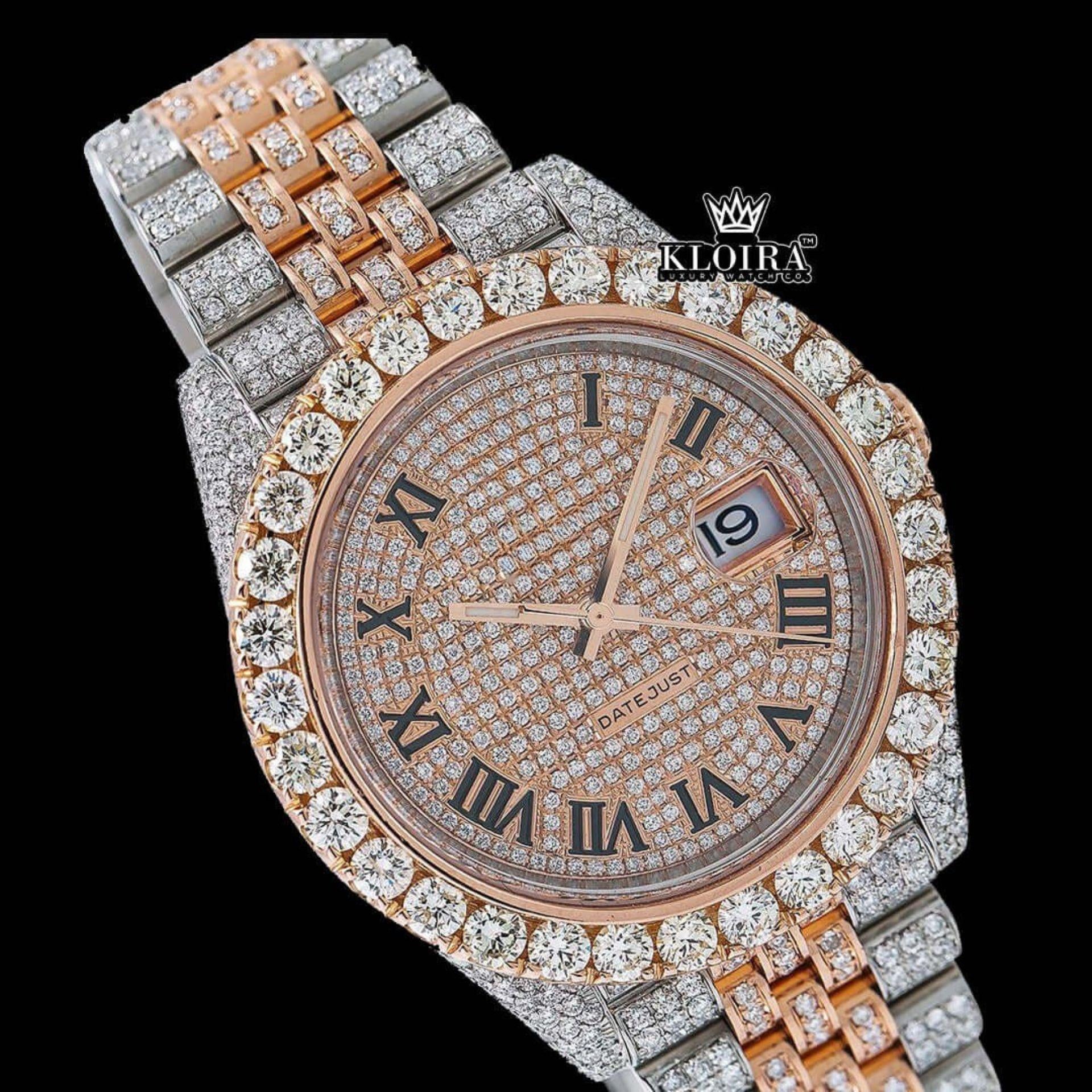 Rose Gold Two Tone Dial Black Roman Numerals Moissanite Diamond Watch Close Up Dial View