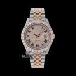 Rose Gold Two Tone Dial Black Roman Numerals Moissanite Diamond Watch