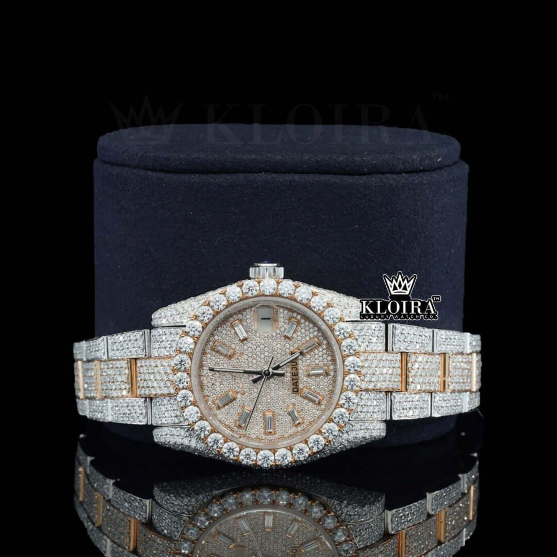 Rose Gold Two Tone Dial Diamond Markers Moissanite Diamond Watch Close Up Front View