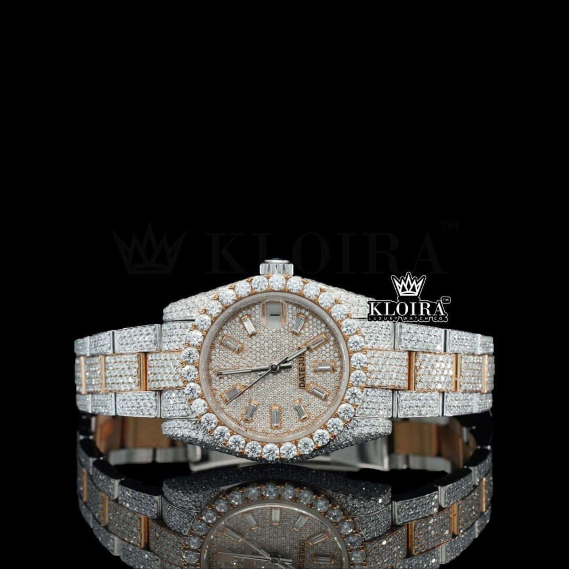 Rose Gold Two Tone Dial Diamond Markers Moissanite Diamond Watch Front View