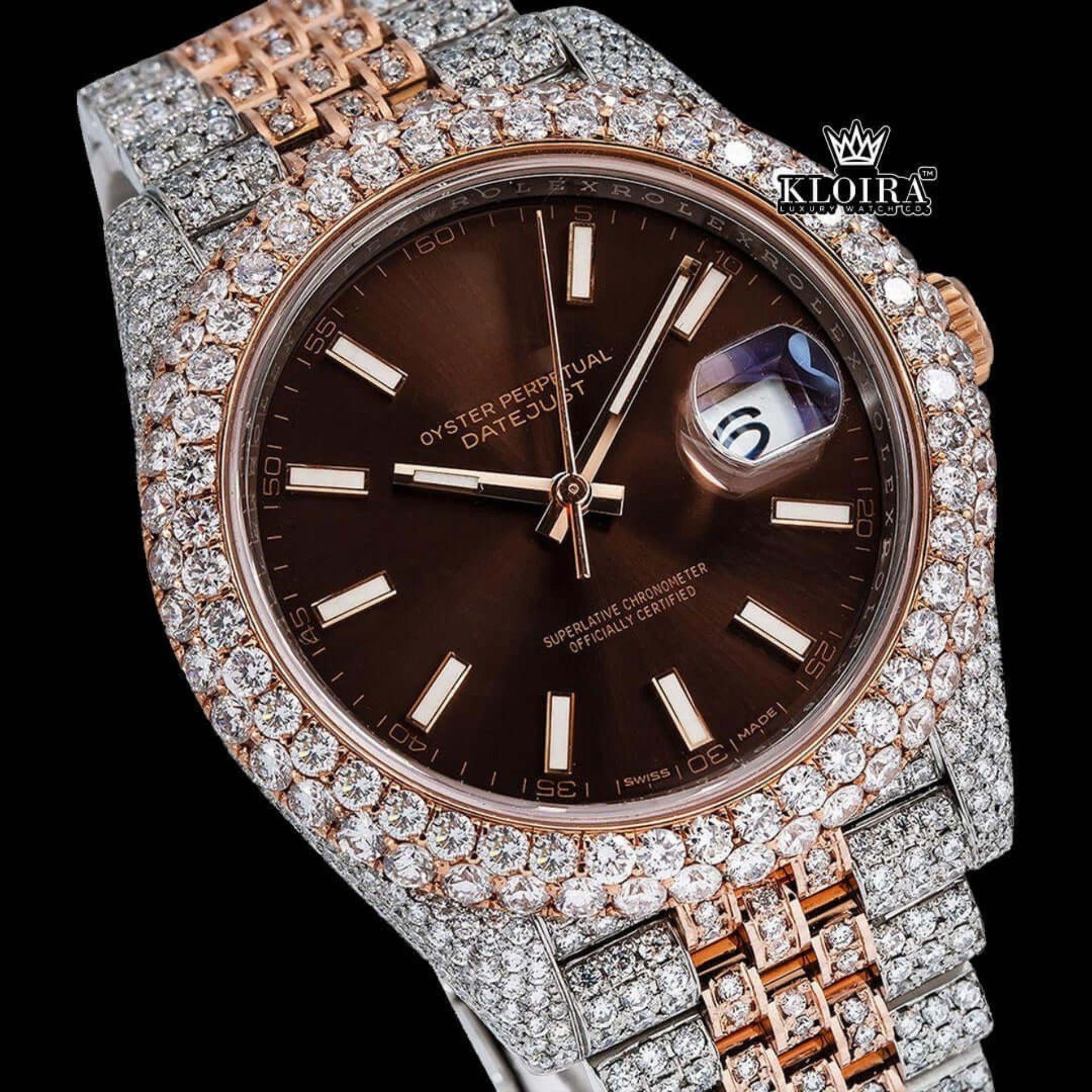 Rose Gold Two Tone Iced Out Brown Dial Moissanite Diamond Watch Close Up Dial View