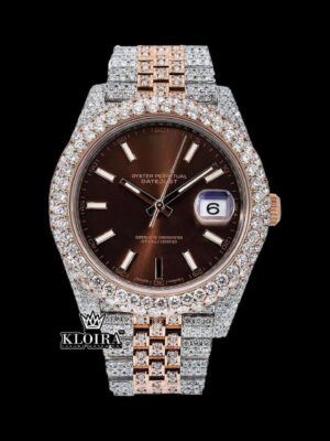 Rose Gold Two Tone Iced Out Brown Dial Moissanite Diamond Watch