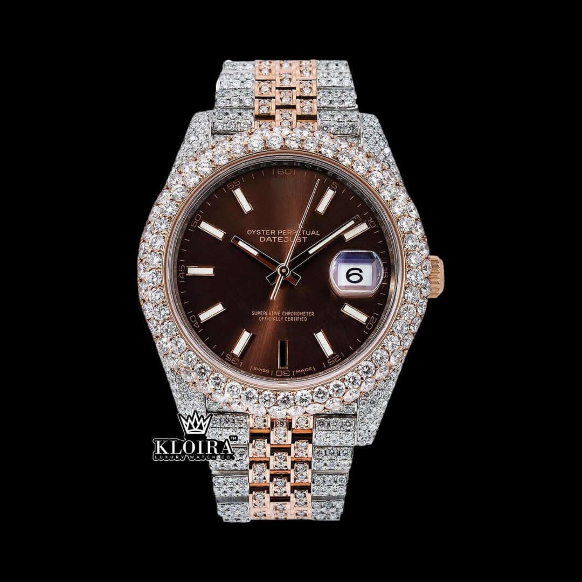 Rose Gold Two Tone Iced Out Brown Dial Moissanite Diamond Watch Front View