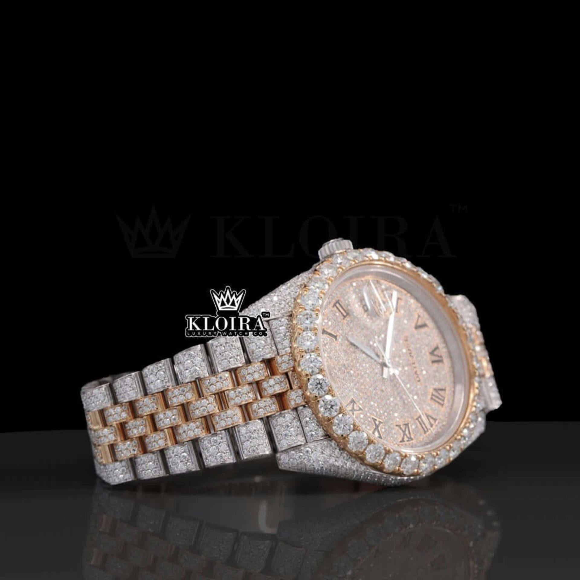 Rose Gold Two Tone Roman Numerals Iced Out Lab-Grown Diamond Watch Right Profile View