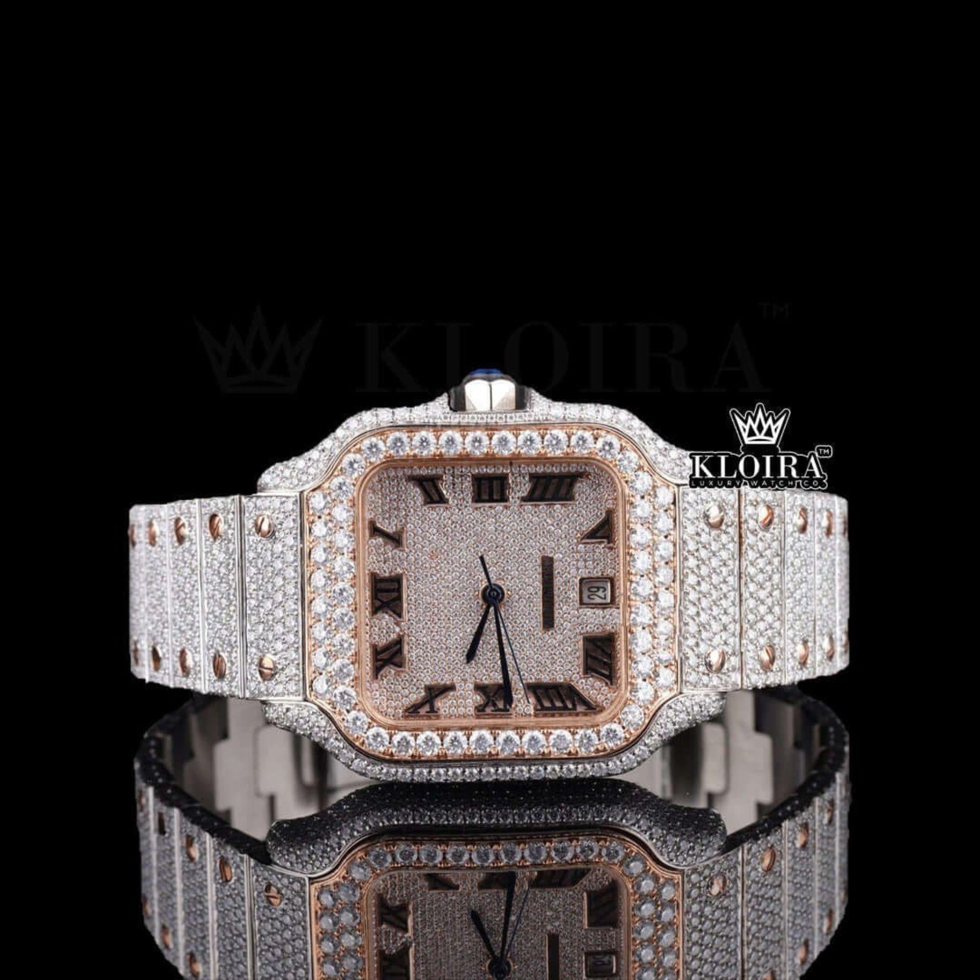 Rose Gold Two Tone Roman Numerals Moissanite Diamond Watch Front View