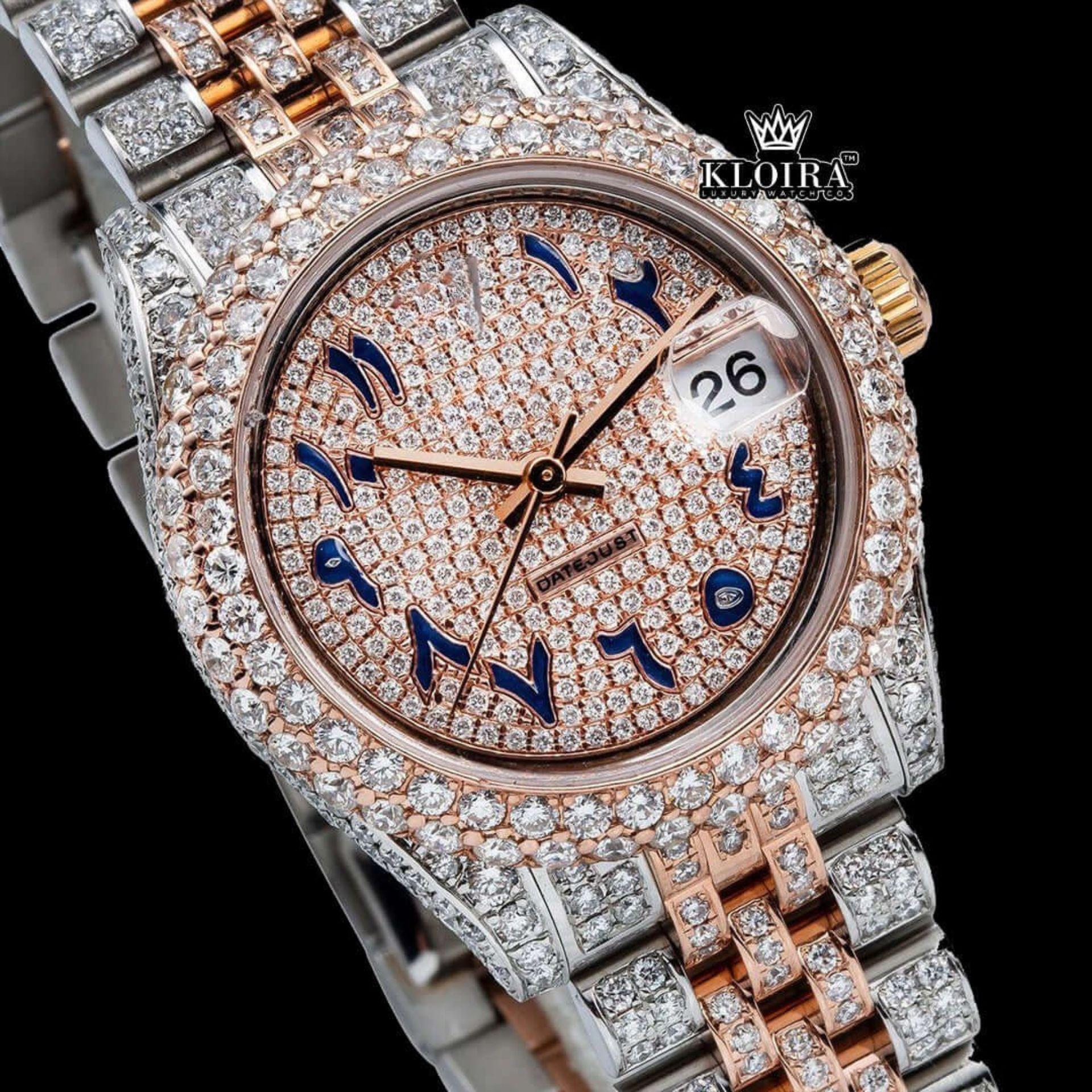 Rose gold Dial Blue Arabic Numerals Two Tone Iced Moissanite Diamond Watch Close Up Dial View