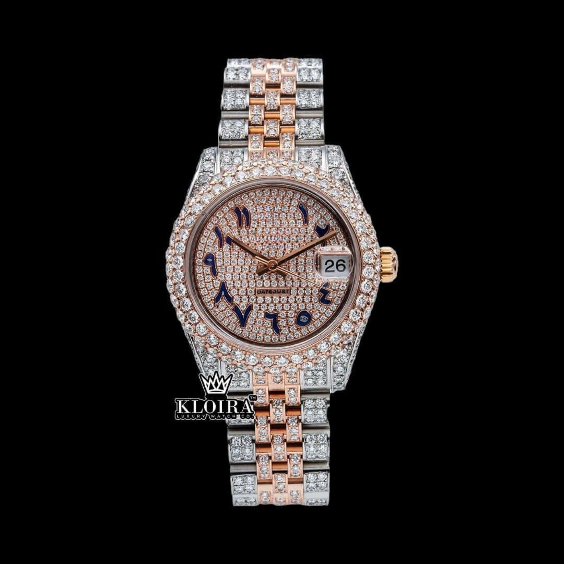 Rose gold Dial Blue Arabic Numerals Two Tone Iced Moissanite Diamond Watch Front View