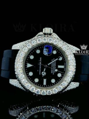 Round Markers Black Dial Black Rubber Strap Semi Iced Out Moissanite Watch