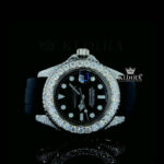 Round Markers Black Dial Rubber Strap Semi Iced Out Moissanite Watch