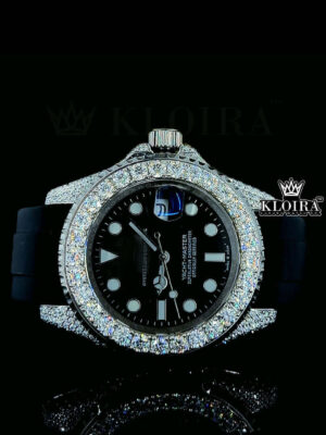 Round Markers Black Dial Rubber Strap Semi Iced Out Moissanite Watch