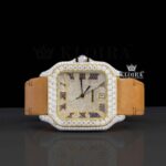 Semi Iced Out Roman Numerals Brown Leather Strap Moissanite Diamond Watch