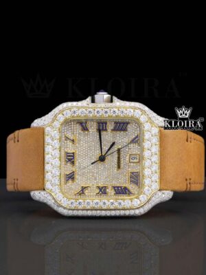 Semi Iced Out Roman Numerals Brown Leather Strap Moissanite Diamond Watch