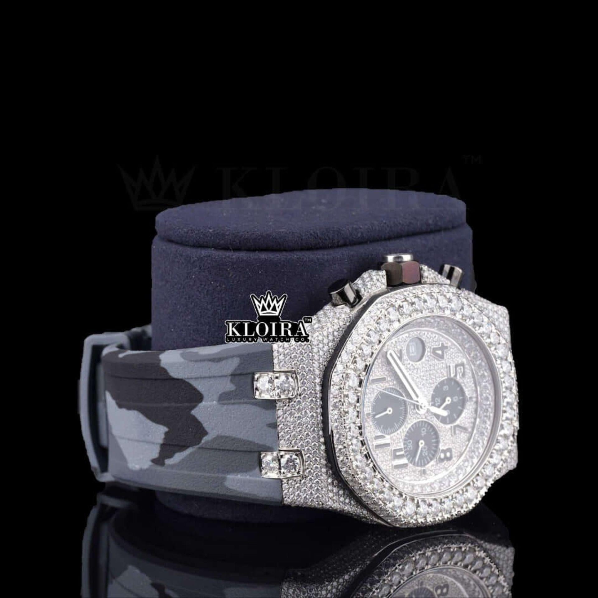 Semi Iced Out White Dial Standard Numerals Chronograph Moissanite Watch Right Profile View