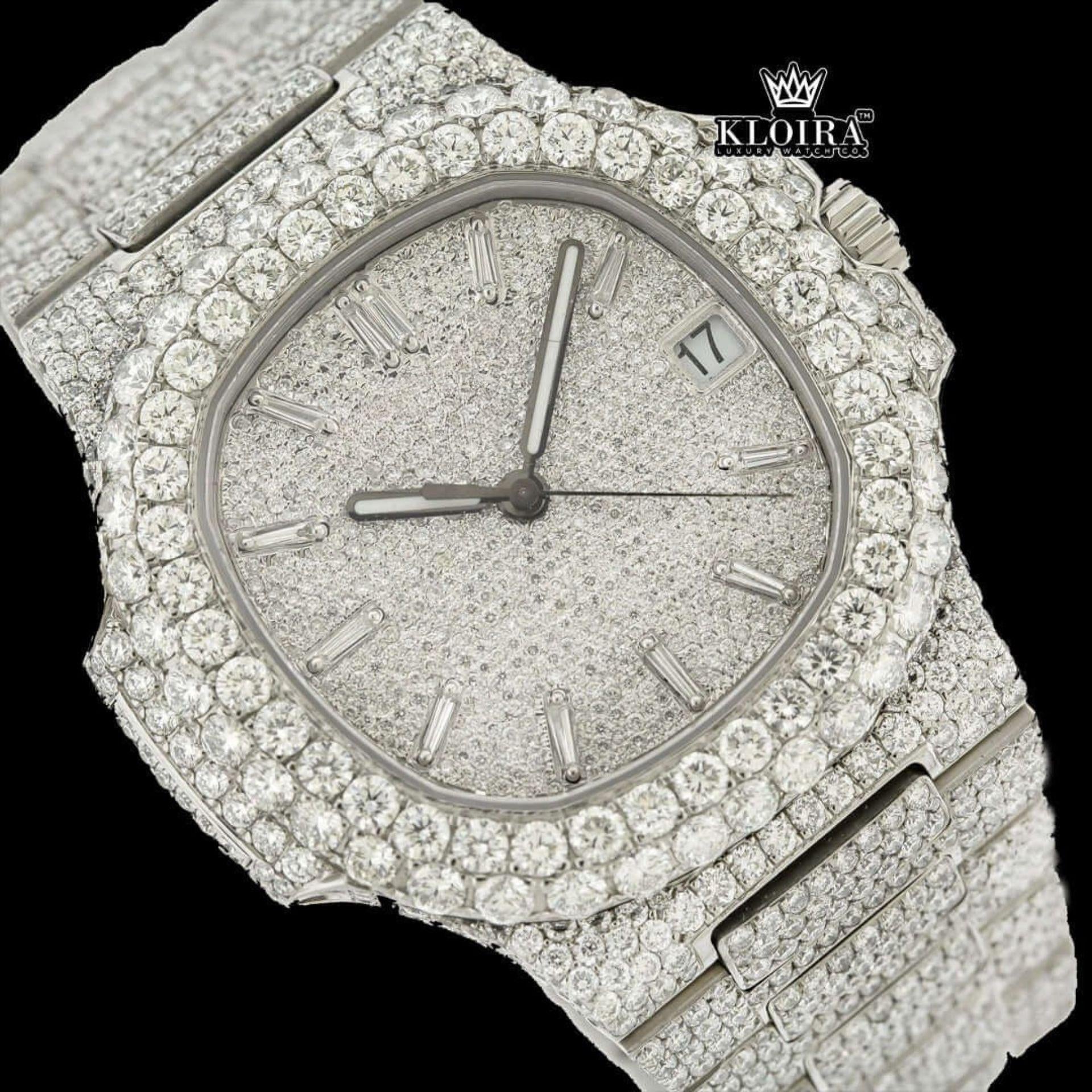 Silver Dial Diamond Markers Fully Iced Moissanite Diamond Watch Close Up Dial View