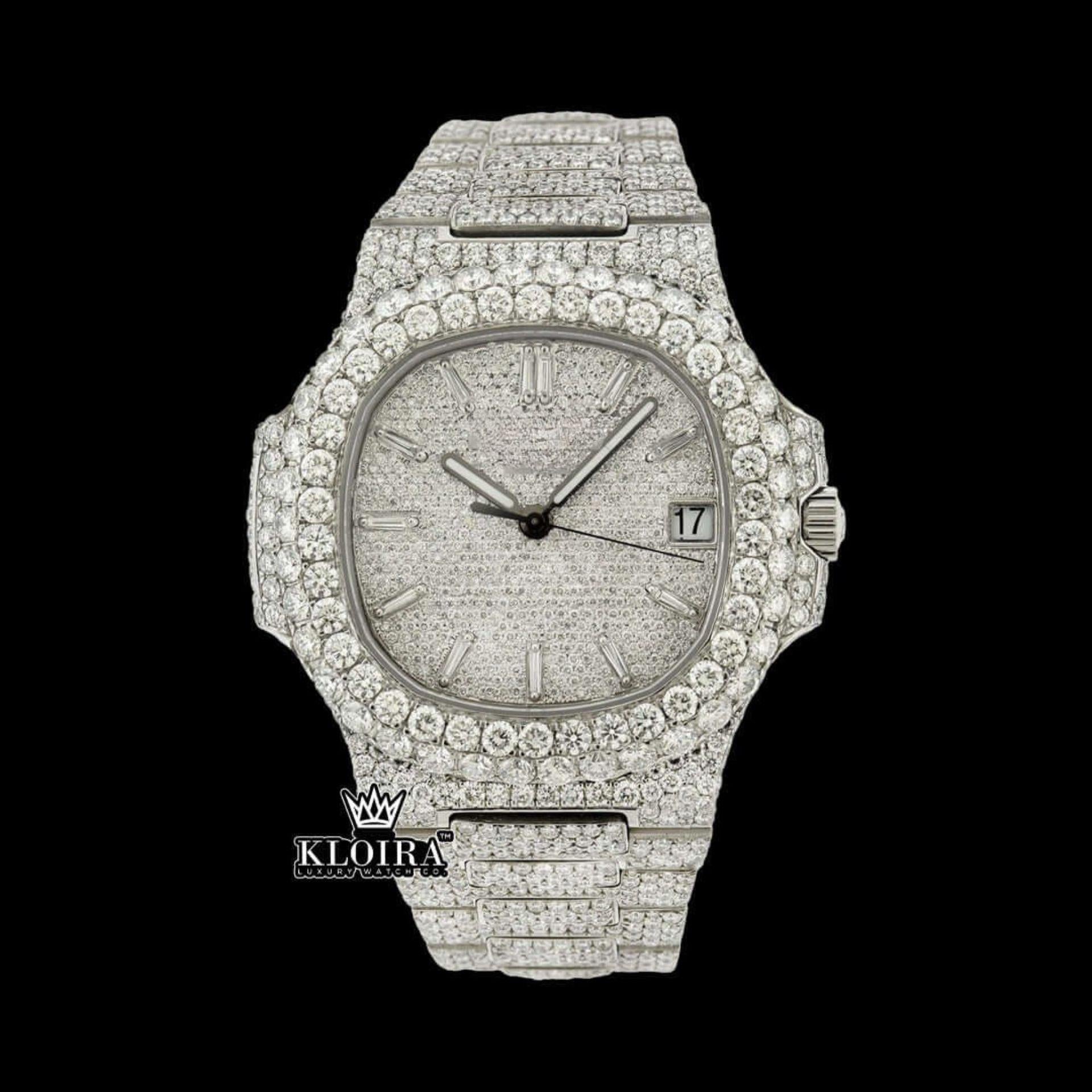 Silver Dial Diamond Markers Fully Iced Moissanite Diamond Watch Front View