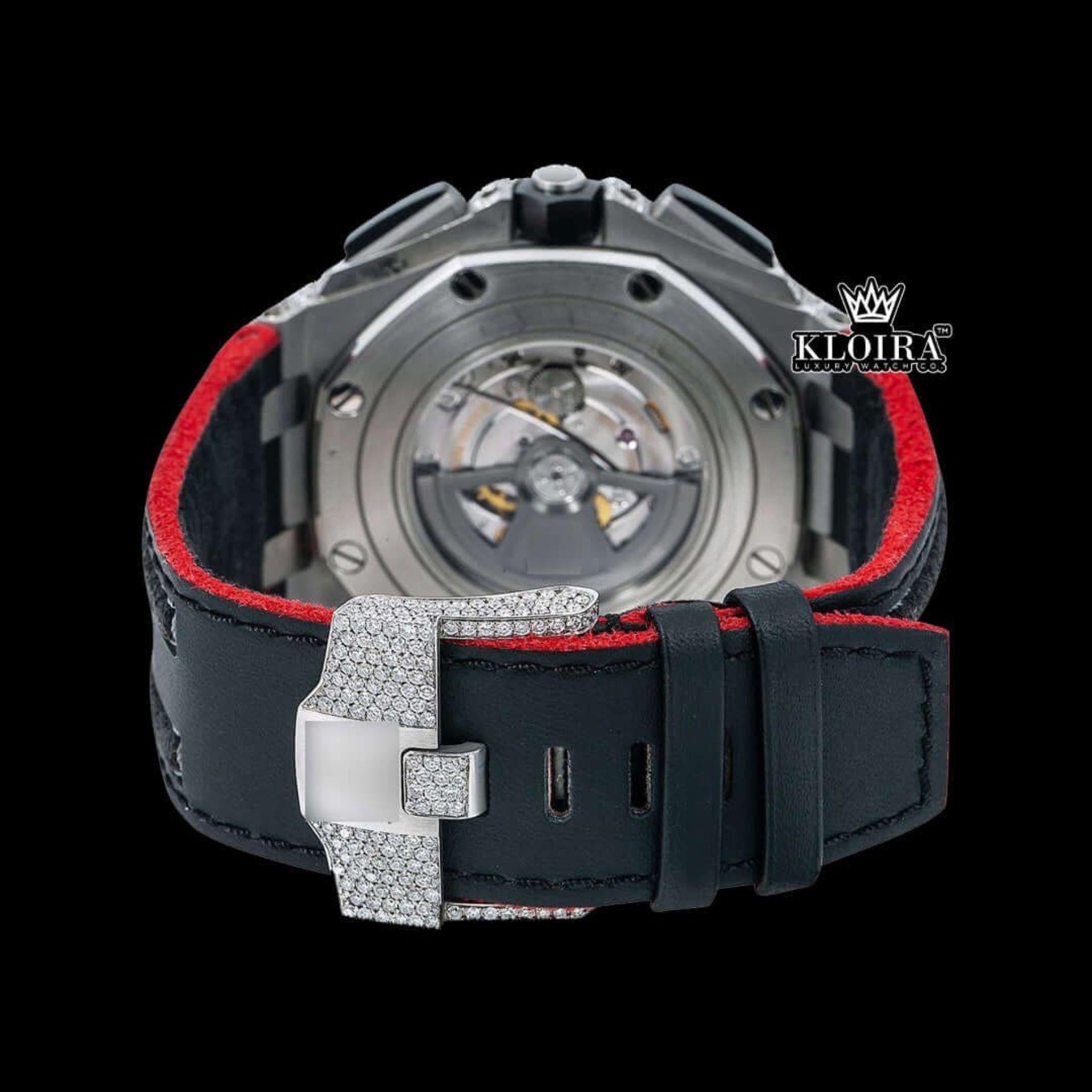 Silver Iced Out Chronograph Black Leather Strap Moissanite Diamond Watch Caseback View