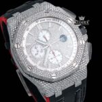 Silver Iced Out Chronograph Black Leather Strap Moissanite Diamond Watch Close Up Dial View